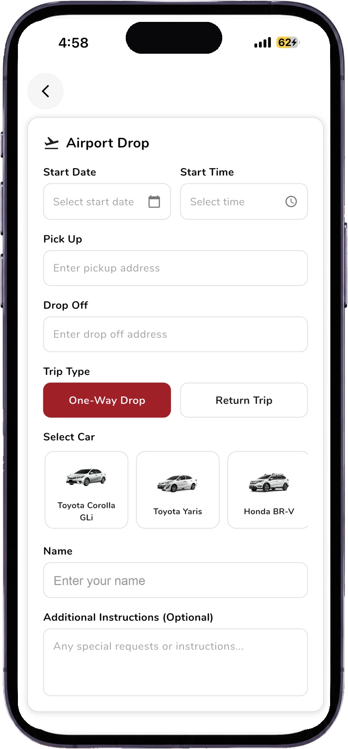 The Airport Drop booking screen in the Get Gaari app, with start date and time, pick-up and drop-off address, one-way or return trip type, and car selection