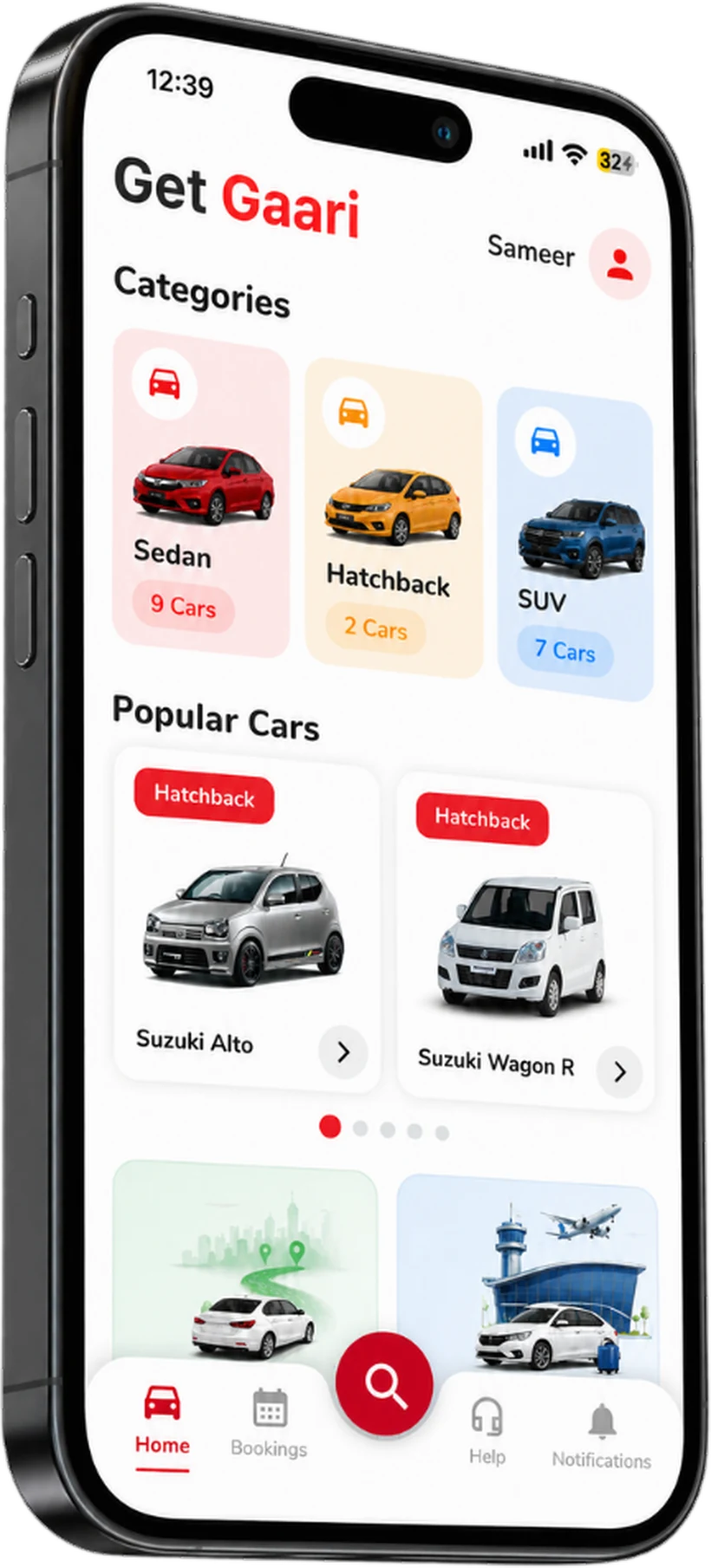 The Get Gaari app home screen, showing car categories and popular cars